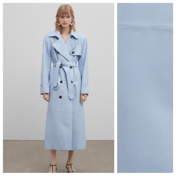 NWT. Massimo Dutti Nappa Leather Light Blue Trench-Style Coat with Belt. Size S. - Picture 1 of 12